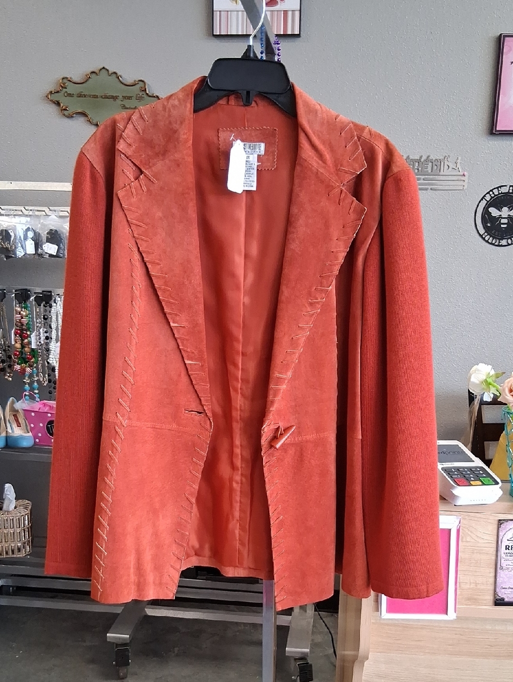 Womens Rust Orange Suede & Knit Blazer Jacket